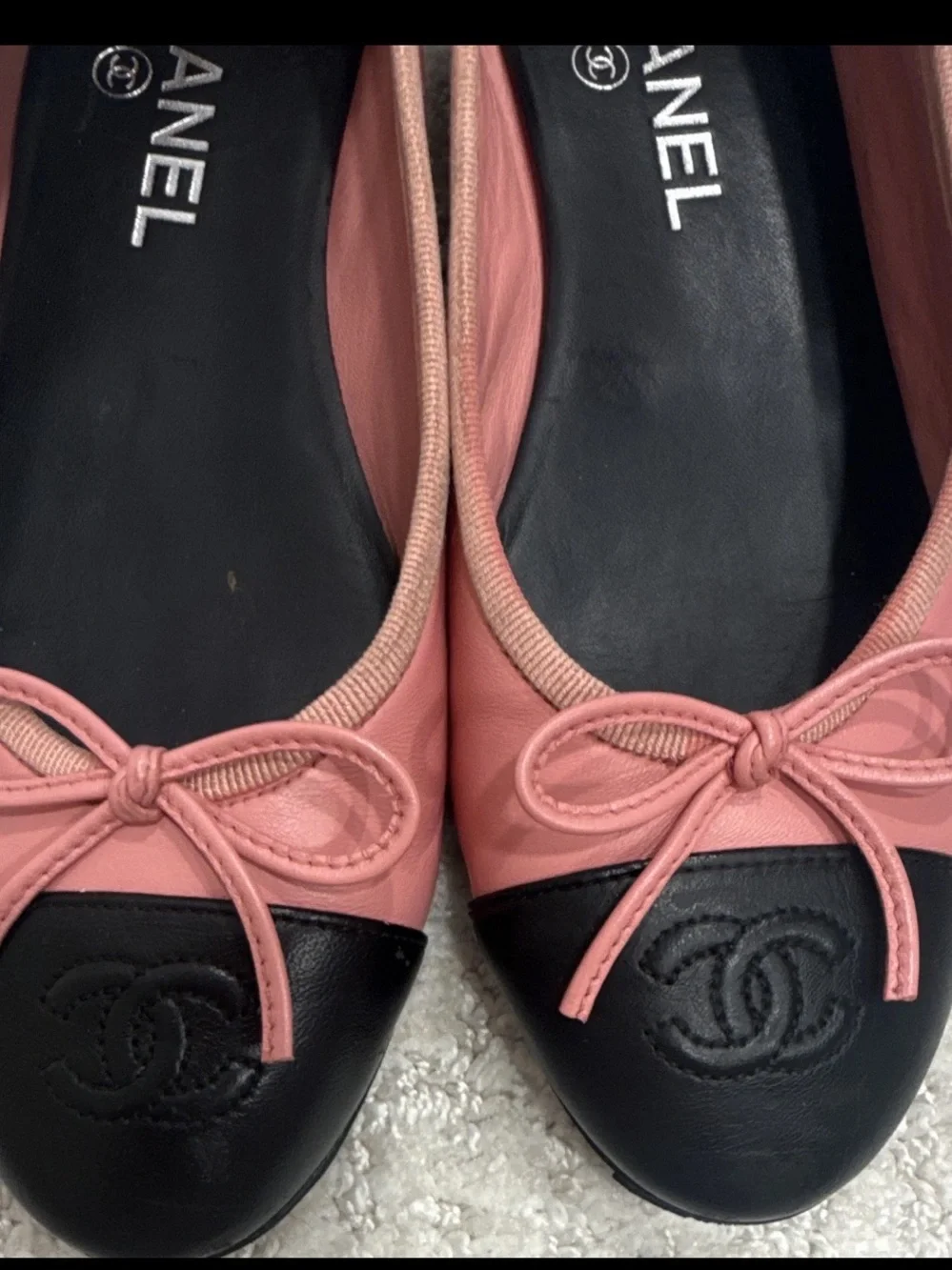 Chanel Pink and Black Cap-Toe Ballet Flats